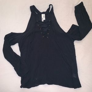 Black Lace Up Cold Shoulder Top